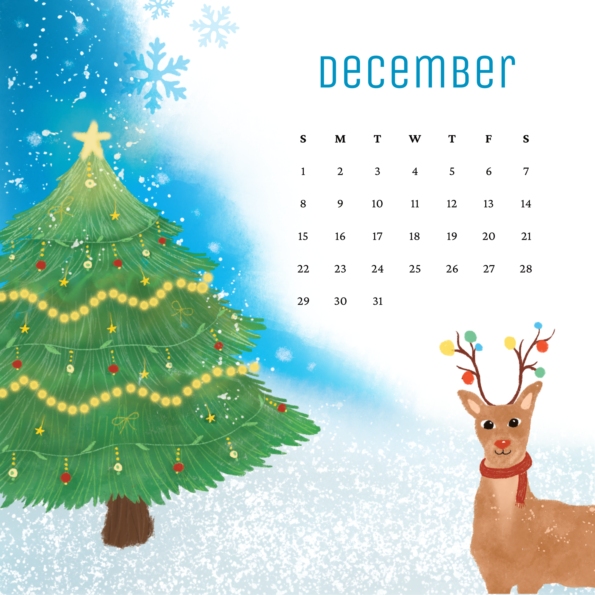 A cute reindeer and a beautifully decorated christmas tree. This is the christmas themed illustration of a calendar for the month of December.