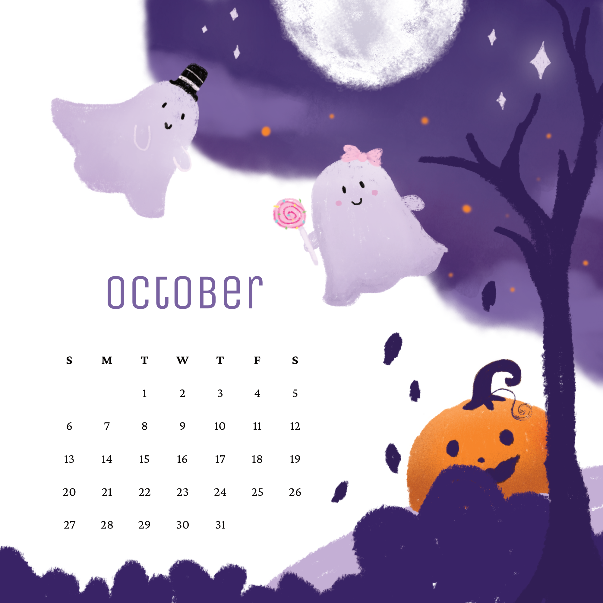 Halloween theme illustration of a calendar for the month of October.