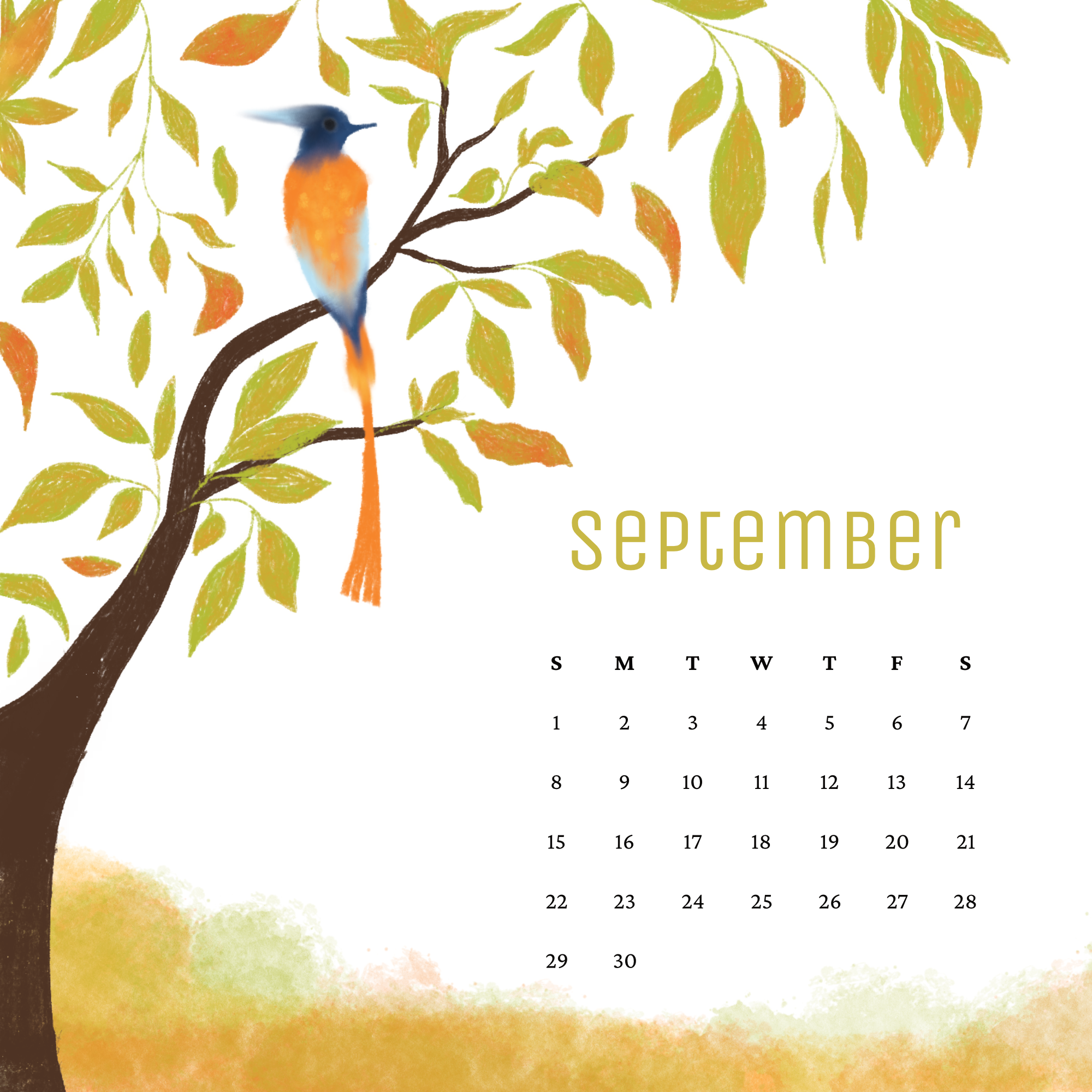 A bird perched on a tree. This is an autumn theme illustration of a calendar for the month of September.