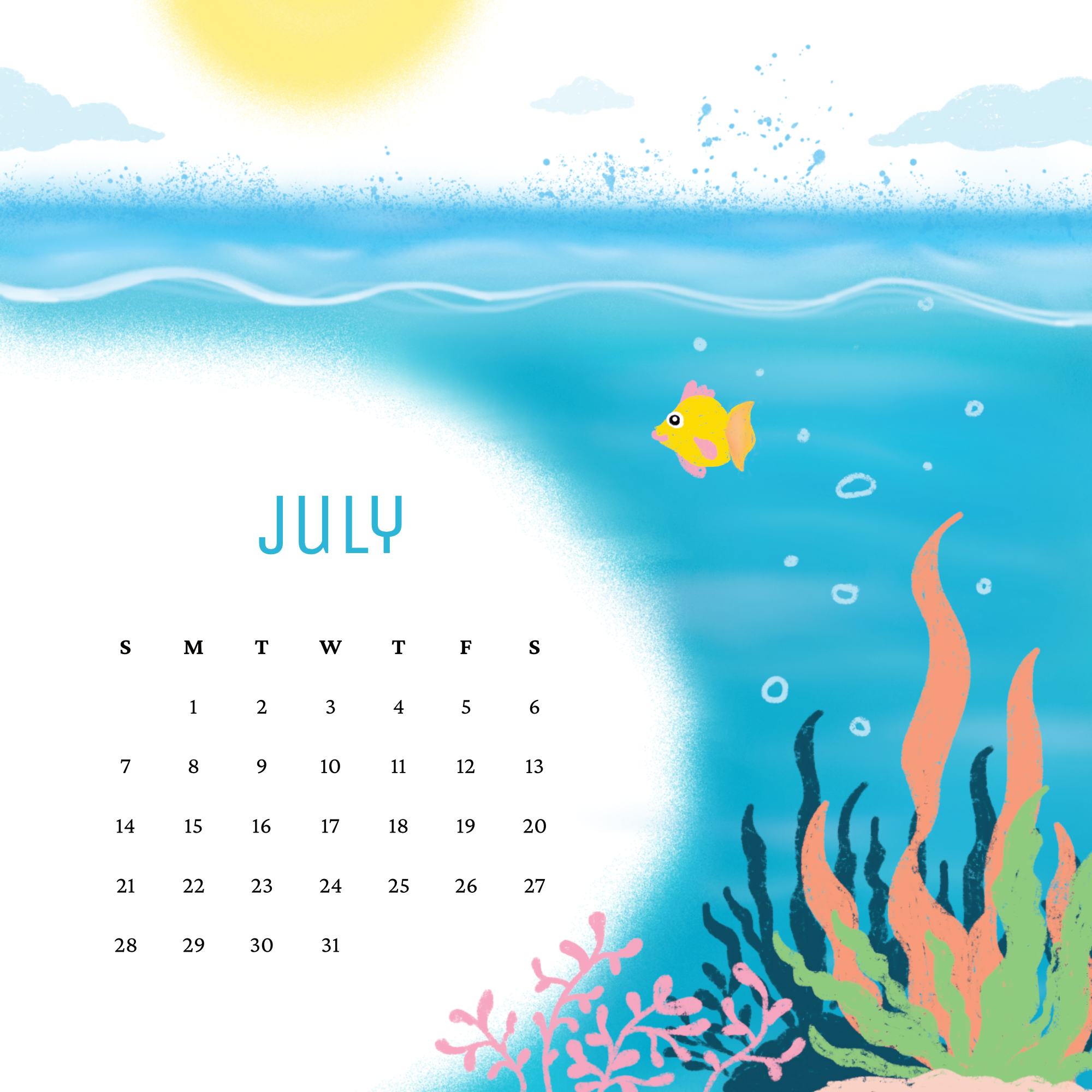 A vibrant blue underwater theme illustration of a calendar for the month of July.