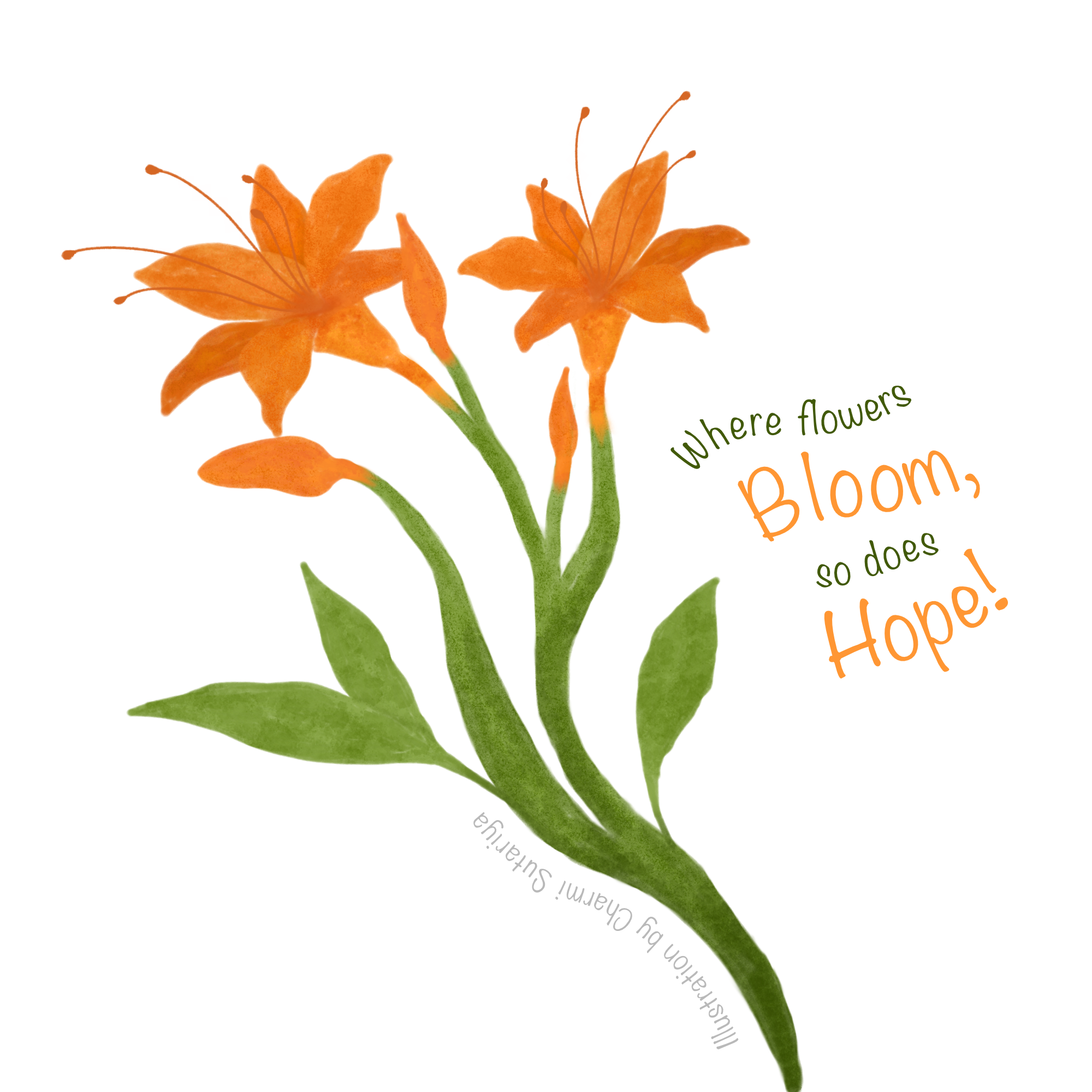 A quoted art print, watercolor illustration of orange flowers with the saying : Where flowers bloom, So does hope!