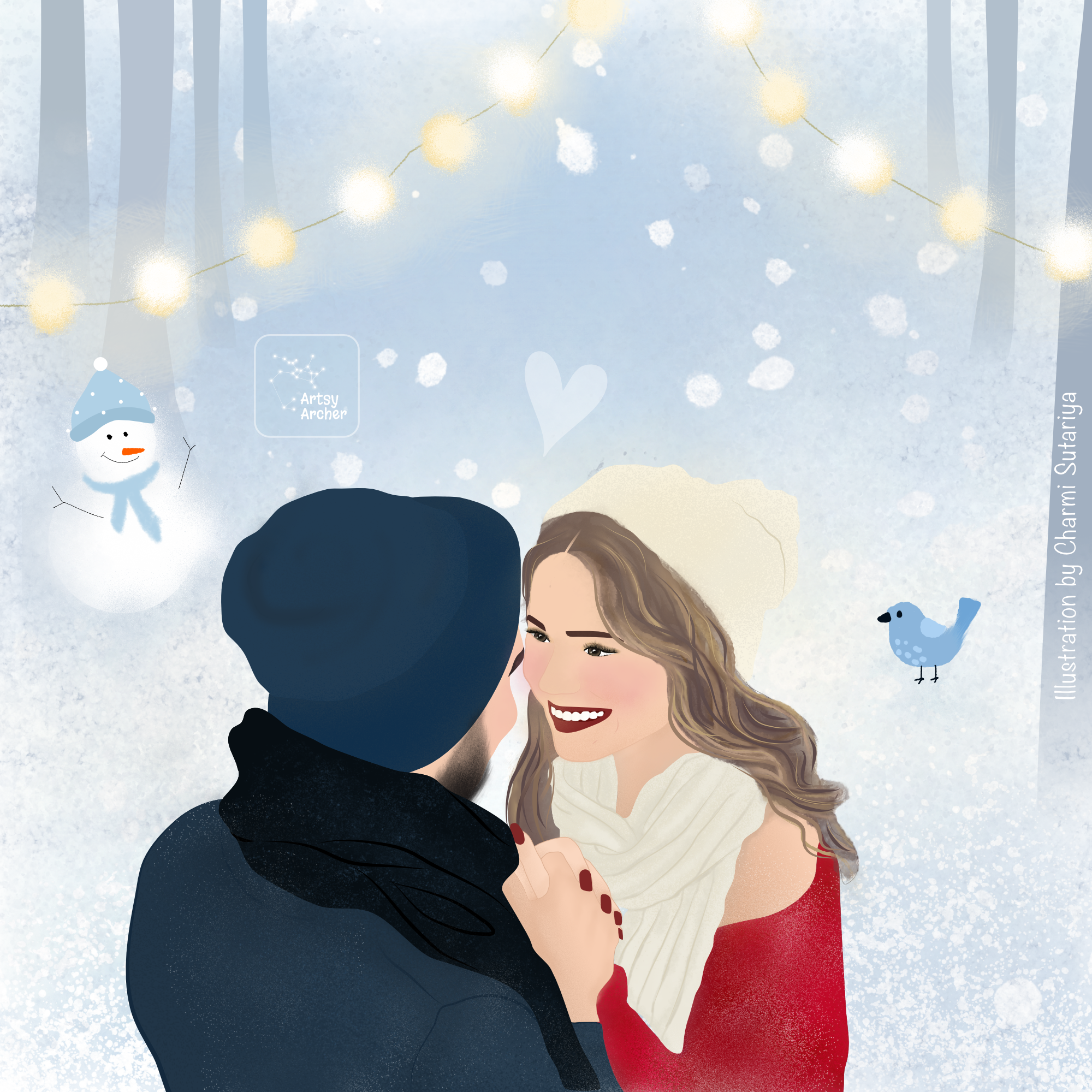A romantic portrait illustration of a couple holding hands out in the magical snowfall winter night.