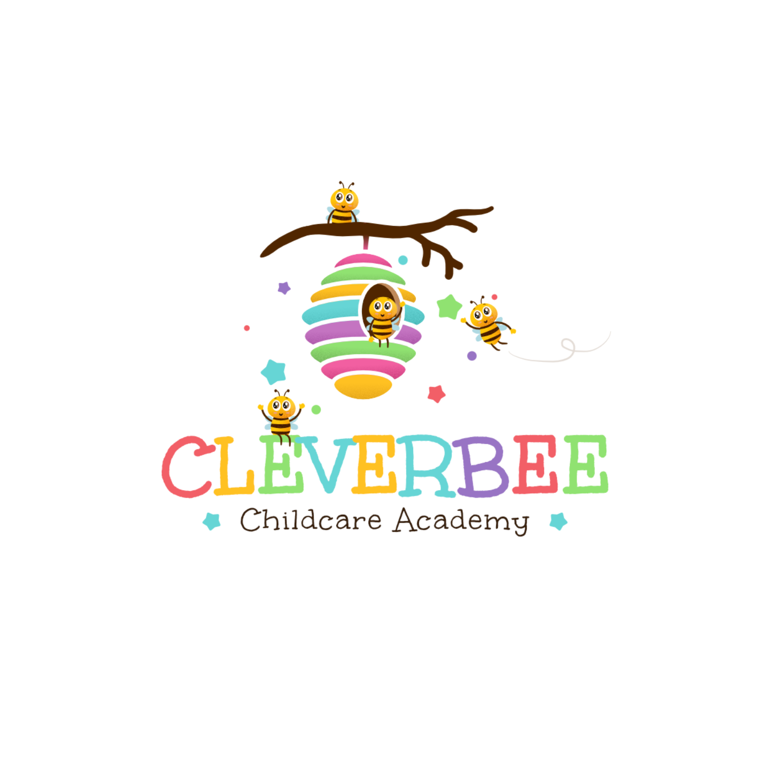 lil' honeybees happily flying around their honeycomb. This is a logo design for a childcare academy.