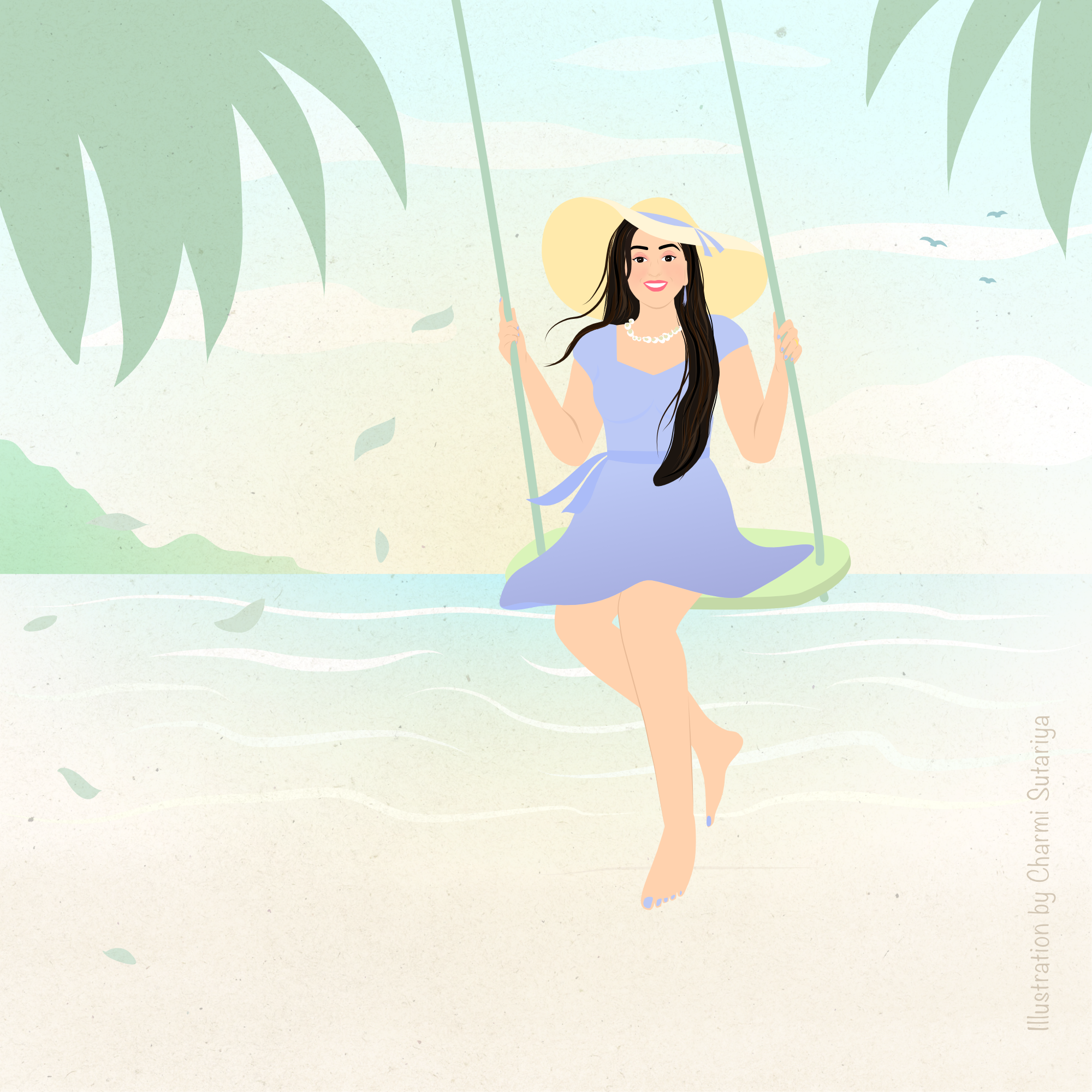 A serene portrait illustration of a beautiful lady in the swing, at the beach.