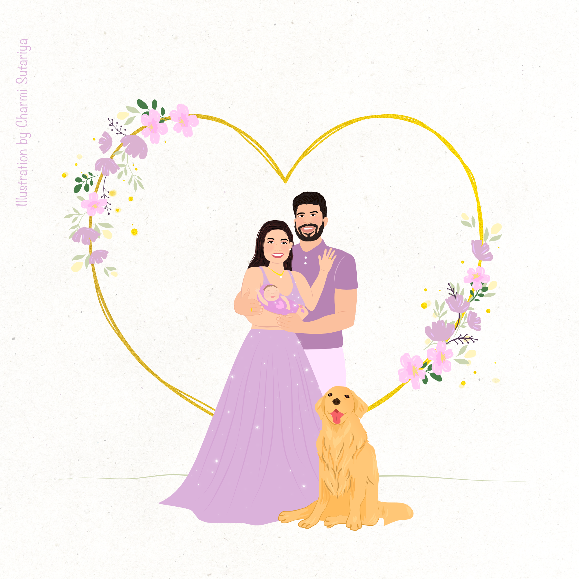 This is a family illustration that celebrates the occasion of welcoming their newborn baby girl.