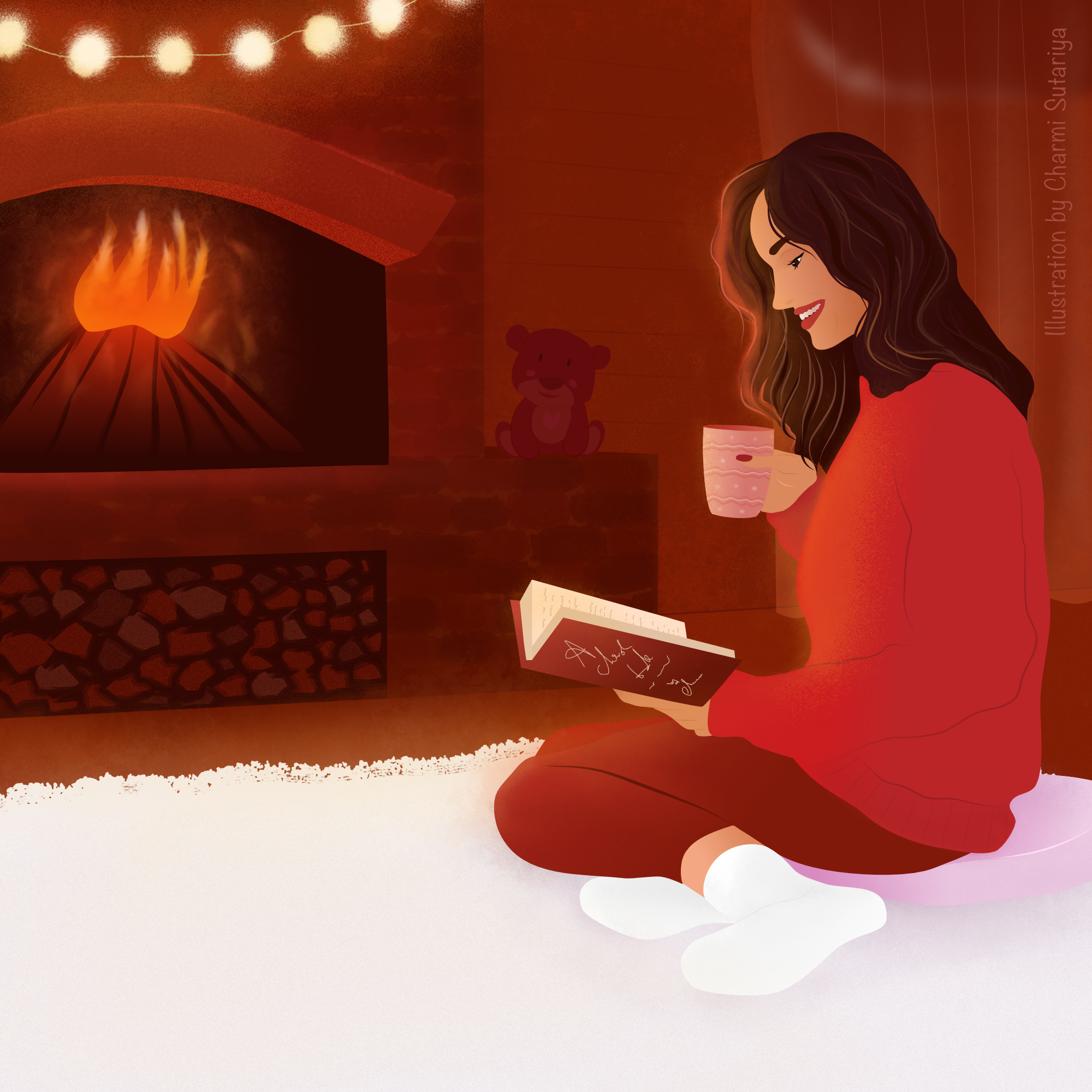 An illustration of a girl reading a book along with a coffee mug by the cozy fireplace on a winter night.