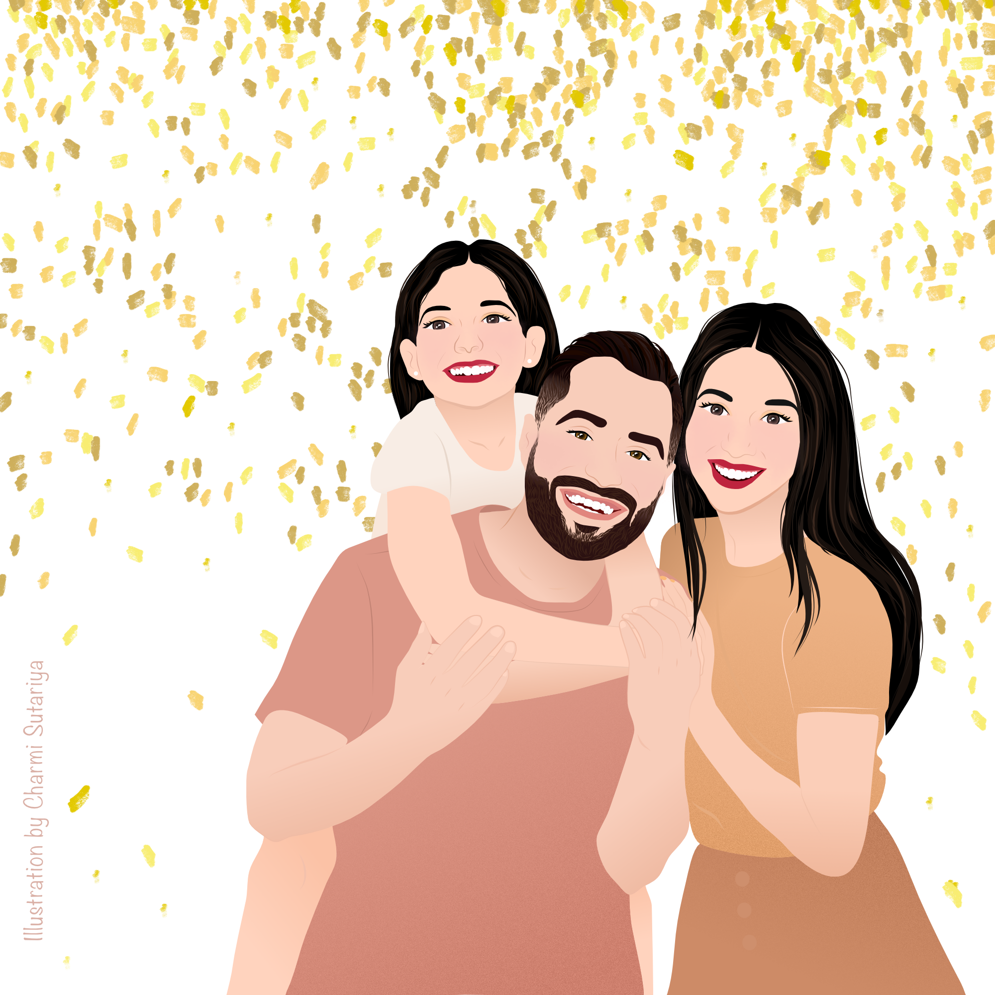 A family portrait illustration of a husband and wife with their lovely daughter.