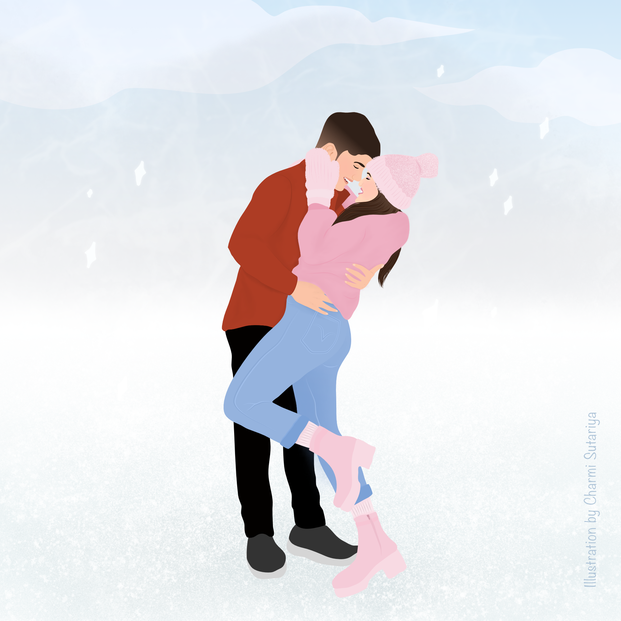 Love is in the air! This is a romantic portrait illustration of a young couple making love in the winter wonderland.