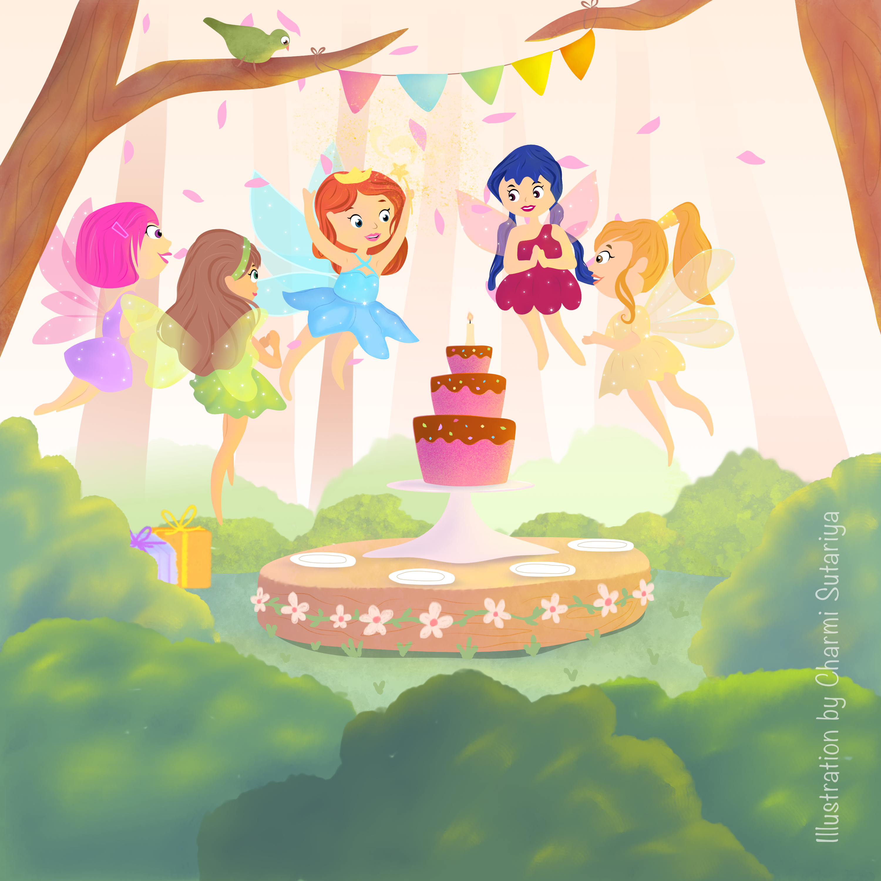 An illustration of mini winx celebrating bloom's birthday in the magical forest.