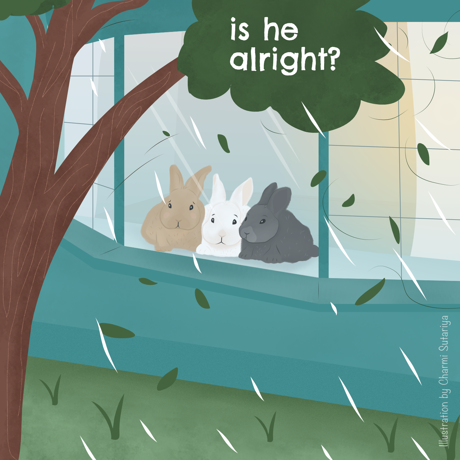 An illustration of three mini lops looking out for their friend.